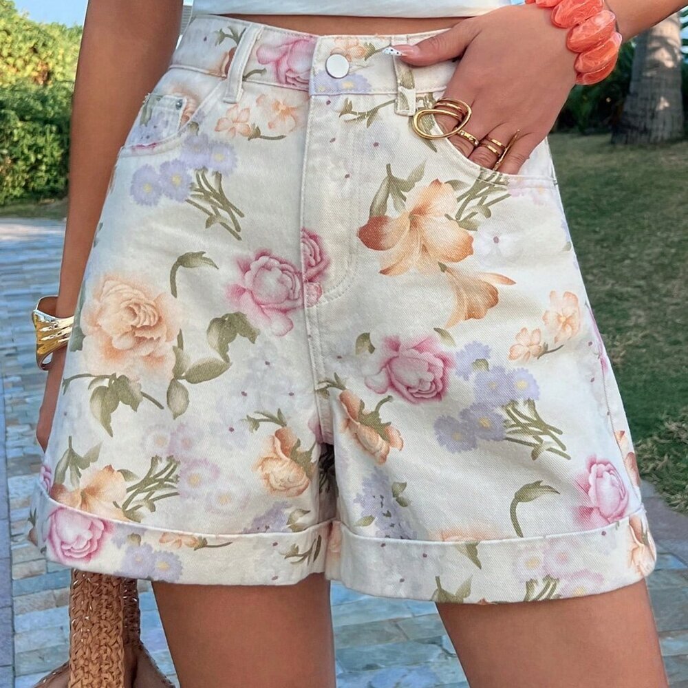 White Boho Women's High Waist Printed Casual Denim Shorts